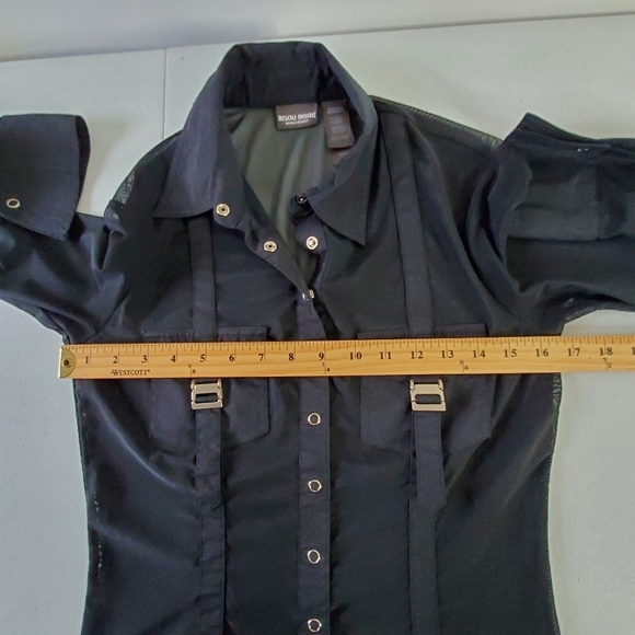 Bisou Bisou Sheer Black Top Size M Snap Front Buckle Pocket Shirt Cyber Goth - Picture 7 of 13